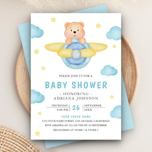 Cute Blue Airplane Boy Teddy Bear Baby shower Kaart