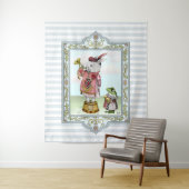 Cute Blue Alice in Wonderland White Rabbit Art Wandkleed (In situ)