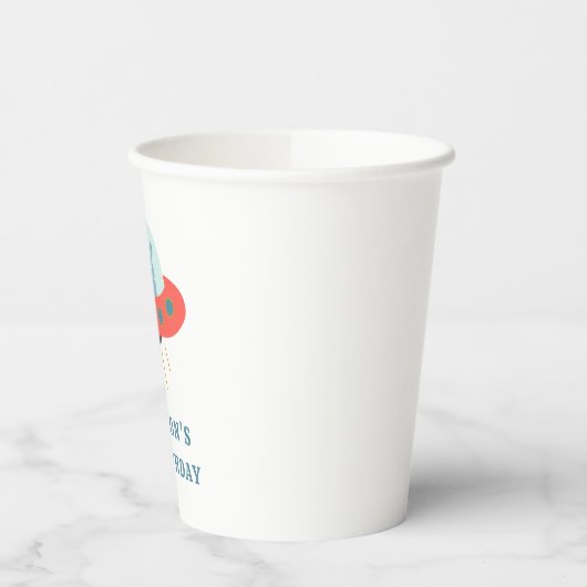 Cute Blue Alien Spaceship 1e verjaardag Papieren Bekers (Links)