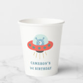 Cute Blue Alien Spaceship 1e verjaardag Papieren Bekers (Voorkant)