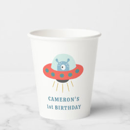 Cute Blue Alien Spaceship 1e verjaardag Papieren Bekers