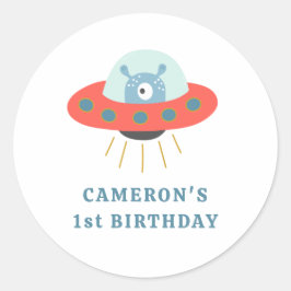 Cute Blue Alien Spaceship 1e verjaardag Ronde Sticker