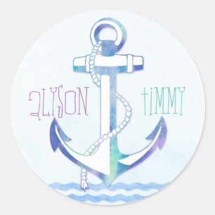 Cute Blue Anchor Nautical Wedding Ronde Sticker