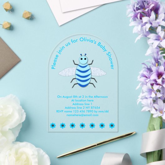 Cute Blue Baby Boy Bee Custom Baby shower Acryl Uitnodigingen (Insitu (Huwelijk))