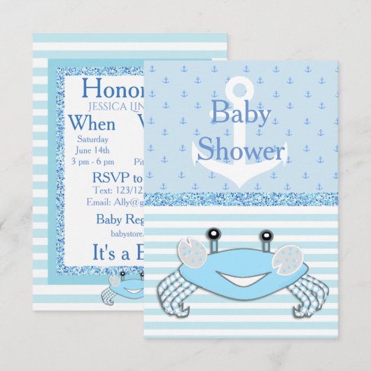 Cute Blue Baby Boy Crab Beach Shower Invitation (Devant / Derrière)