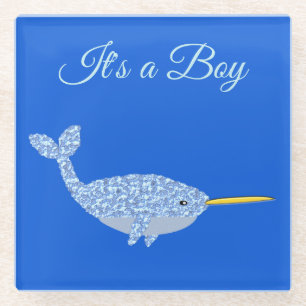 Cute Blue Baby Boy Narwhal Custom Gender onthullen Glazen Onderzetter