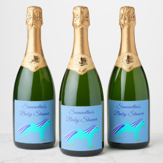Cute Blue Baby Boy Unicorn Baby shower Custom Cham Sparkling Wijnetiket
