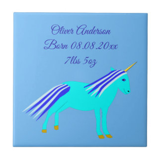 Cute Blue Baby Boy Unicorn Custom Birth Tegeltje