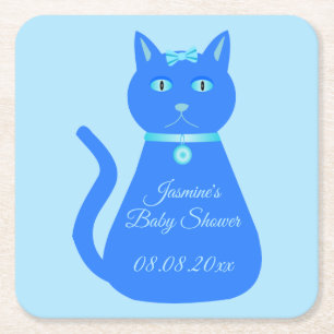Cute Blue Baby Cat Custom Baby shower Vierkante Kartonnen Onderzetter
