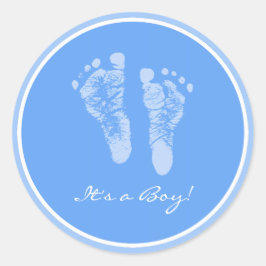 Cute Blue Baby Footprint is een Baby shower Ronde Sticker