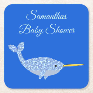 Cute Blue Baby Narwhal Baby shower Custom Vierkante Kartonnen Onderzetter