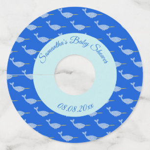 Cute Blue Baby Narwhal Baby shower Custom Wijnglaslabel