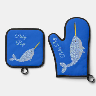 Cute Blue Baby Narwhal Custom Ovenwant & Pannenlap Set