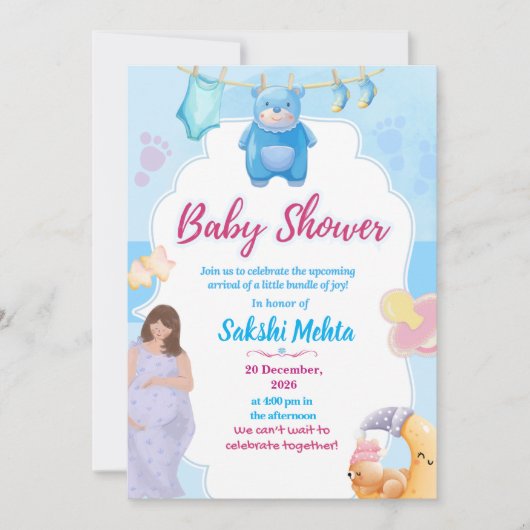 Cute Blue Baby Shower Invitation (Devant)