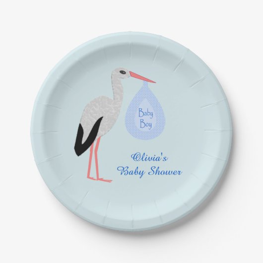 Cute Blue Baby Stork Baby shower Custom Papieren Bordje (Voorkant)