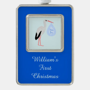 Cute Blue Baby Stork Stork First Kerstmis Verzilverd Kader Ornament