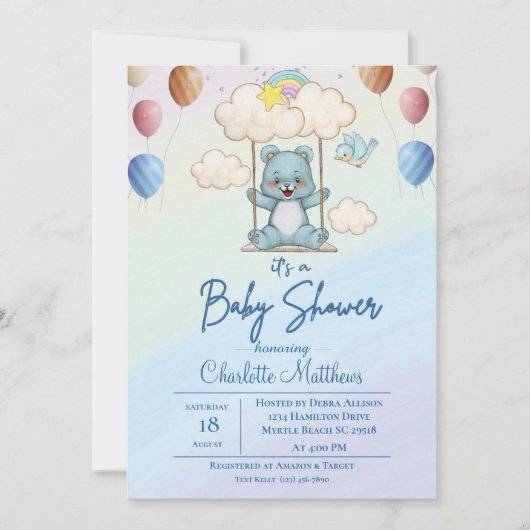 Cute Blue Beer Swing Rainbow Baby shower Kaart (Voorkant)