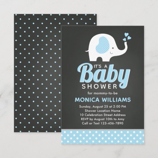 Cute Blue Black Chalkboard Elephant Baby shower Kaart (Voorkant / Achterkant)