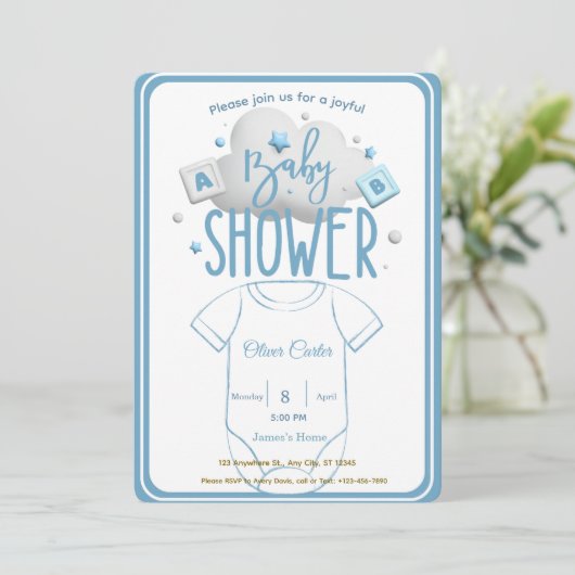 Cute Blue Boy Baby Shower Invitation (Debout devant)