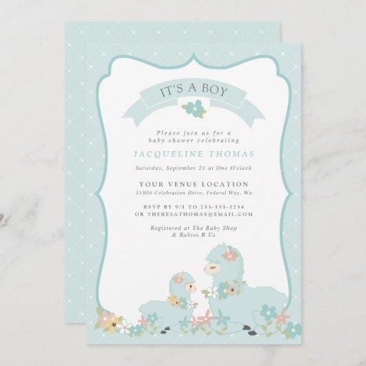 Cute Blue Boy Llama Baby shower Kaart (Voorkant / Achterkant)