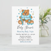 Cute Blue Boy Teddy Bear Baby shower Kaart (Staand voorkant)