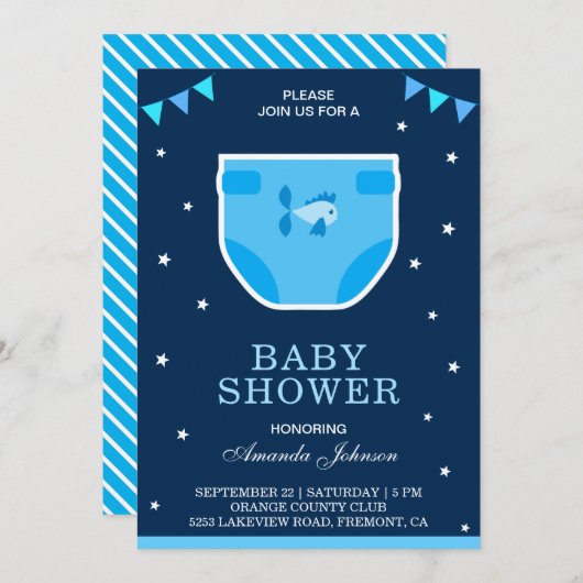 Cute Blue Boys Diaper Baby shower Invitation (Devant / Derrière)