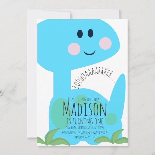 Cute Blue Bright Dinosaur Birthday Uitnodiging (Voorkant)