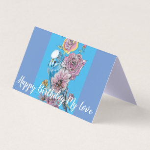 Cute Blue Budgie Rose Peinture Amour Carte d'anniv