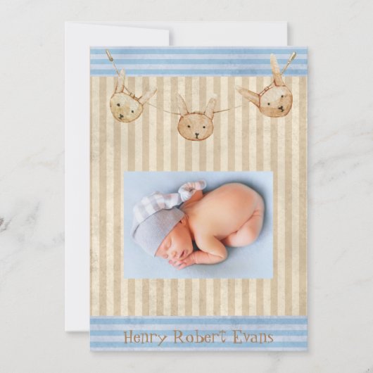 Cute Blue Bunny Baby Birth Aankondiging (Voorkant)