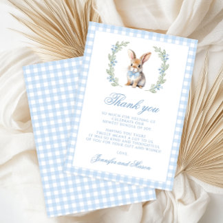 Cute Blue Bunny Easter Gingham Baby Boy Shower Bedankkaart
