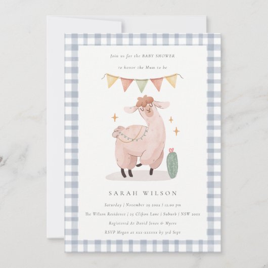 Cute Blue Cactus Boho Llama Baby shower Invitation (Devant)