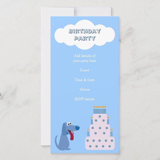 Cute Blue Cartoon Chien & Birthday Cake Invitation (Devant)