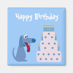 Cute blue cartoon dog & verjaardagstaart magnet magneet