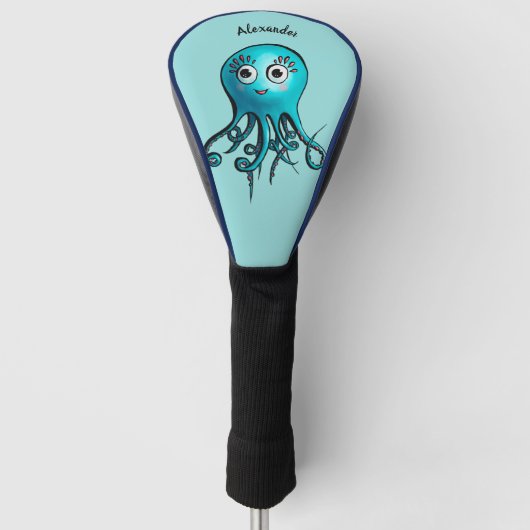 Cute Blue Cartoon Octopus - Smiling Sea Creature Golfheadcover (Voorkant)