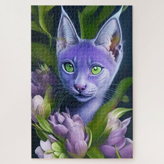 Cute blue cat in paarse bloemen legpuzzel (Verticaal)