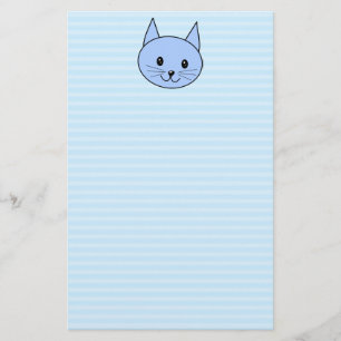 Cute Blue Cat. Licht blauwe streep achtergrond. Briefpapier