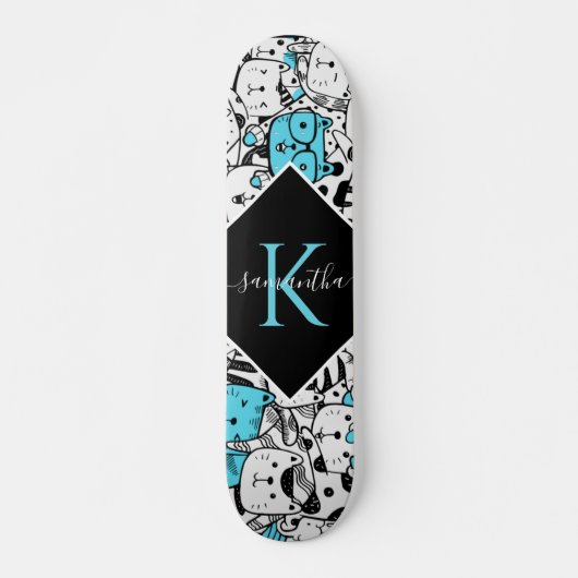 Cute Blue Cat Pattern Name & Initiaal Fun Cartoon Skateboard (Voorkant)