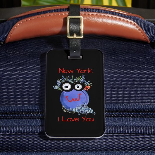 Cute Blue Character, New York, ik hou van je Bagagelabel (Voorkant Insitu 2)