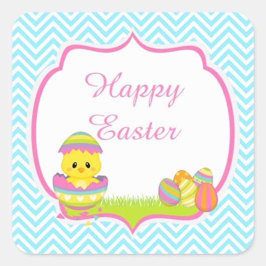 Cute Blue Chevrons Easter Chick Easter Egg Hunt Vierkante Sticker (Voorkant)