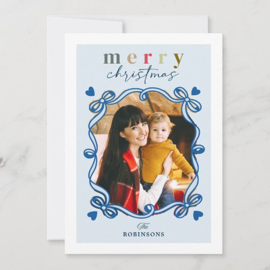 Cute Blue Christmas Bow Heart Frame Photo Feestdagenkaart (Voorkant)
