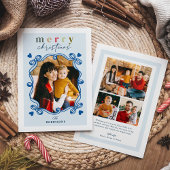 Cute Blue Christmas Bow Heart Frame Photo Feestdagenkaart