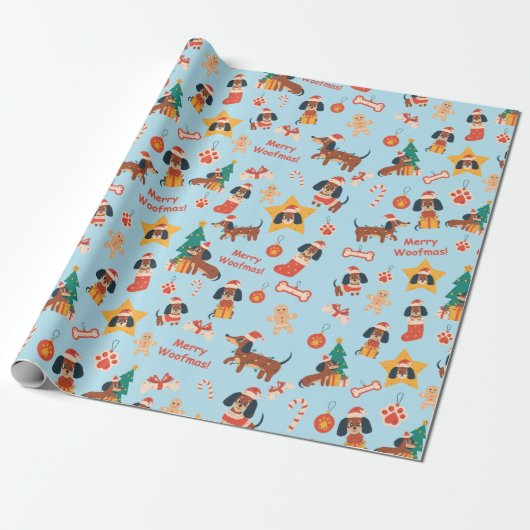 Cute Blue Christmas Dachshund Merry Woofmas Cadeaupapier (Uitgerold)