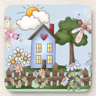 Cute Blue Country House Set of 6 Bier Onderzetter