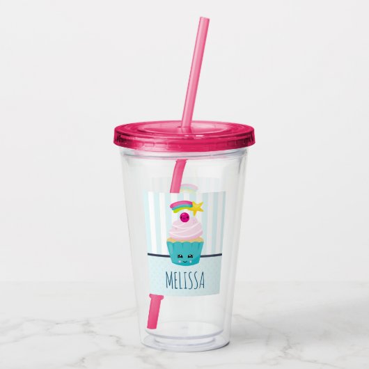 Cute Blue Cupcake met Kawaii Face Acryl Drinkbeker (Achterkant)