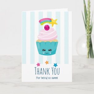 Cute Blue Cupcake met Kawaii Face Birthday Bedankt Kaart