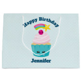 Cute Blue Cupcake met Kawaii Face Birthday Groot Cadeauzakje (Voorkant)