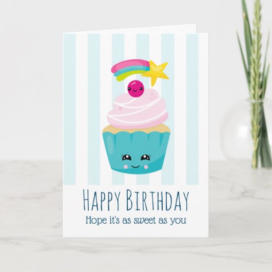 Cute Blue Cupcake met Kawaii Face Birthday Kaart (Voorkant)