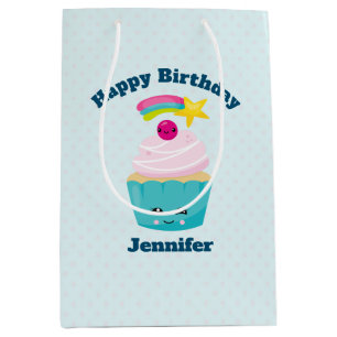 Cute Blue Cupcake met Kawaii Face Birthday Medium Cadeauzakje