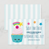 Cute Blue Cupcake met Kawaii Face Birthday Save The Date (Voorkant / Achterkant)