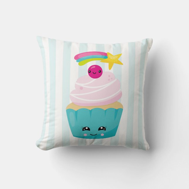 Cute Blue Cupcake met Kawaii Face Kussen (Voorkant)